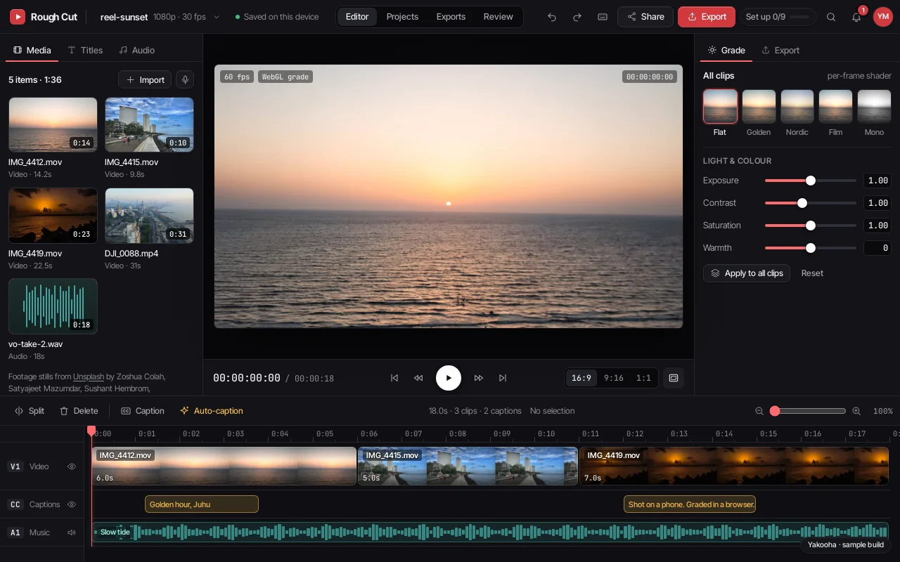 Screenshot of Rough Cut on a desktop